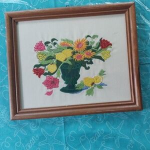 Floral Embroidered Wall Art in Wooden Frame